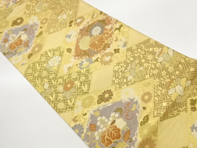 JAPANESE KIMONO / FUKURO OBI / SILK / SAGANISHIKI / WOVEN MATSUKAWABISHI & KIKU & PAULOWNIA & FLORAL ARABESQUE